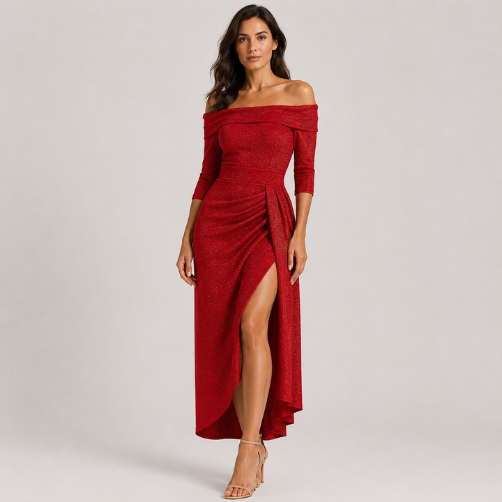 Nina | Vestido Midi con Escote Bardot y Abertura