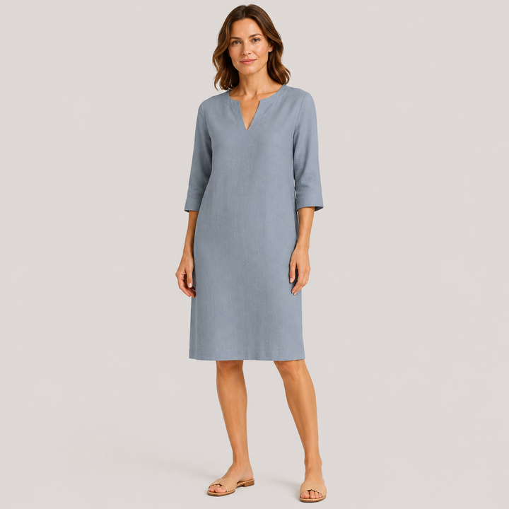 Claudia | Vestido Recto con Cuello en V y Manga Francesa