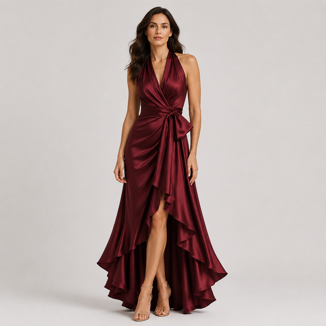 Julia | Vestido Satinado Halter con Falda Asimétrica