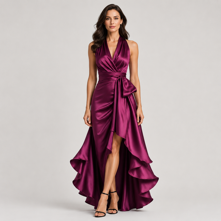 Julia | Vestido Satinado Halter con Falda Asimétrica