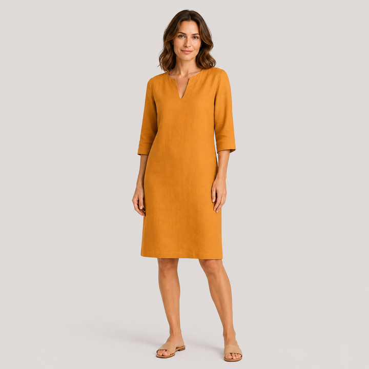 Claudia | Vestido Recto con Cuello en V y Manga Francesa